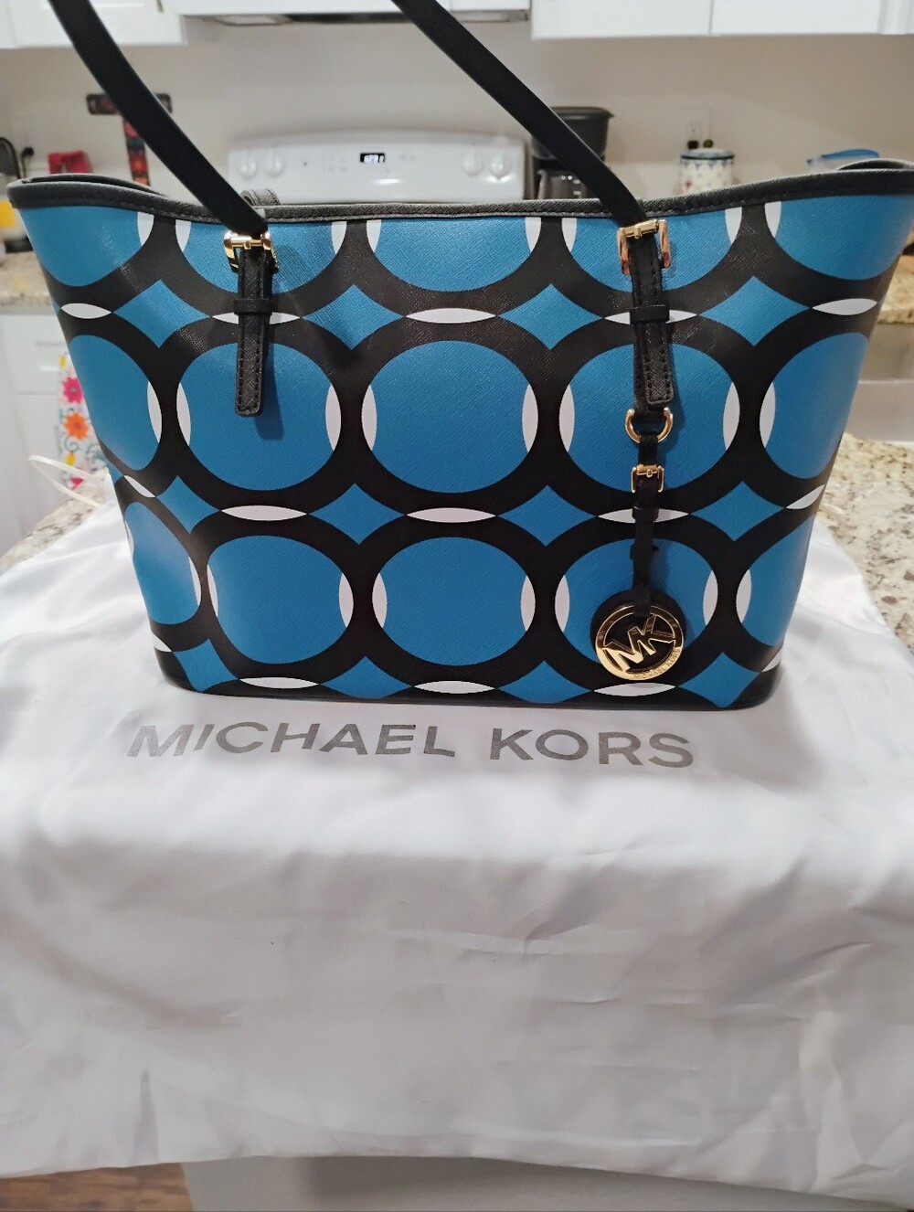 Michael Kors Blue Circle-Print Tote with Black Straps and Gold Charm - Picture 2 of 6